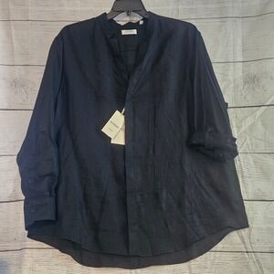 Murano Baird McNutt 2XB Black Linen V Neck Roll-Tab Button Up NWT L970